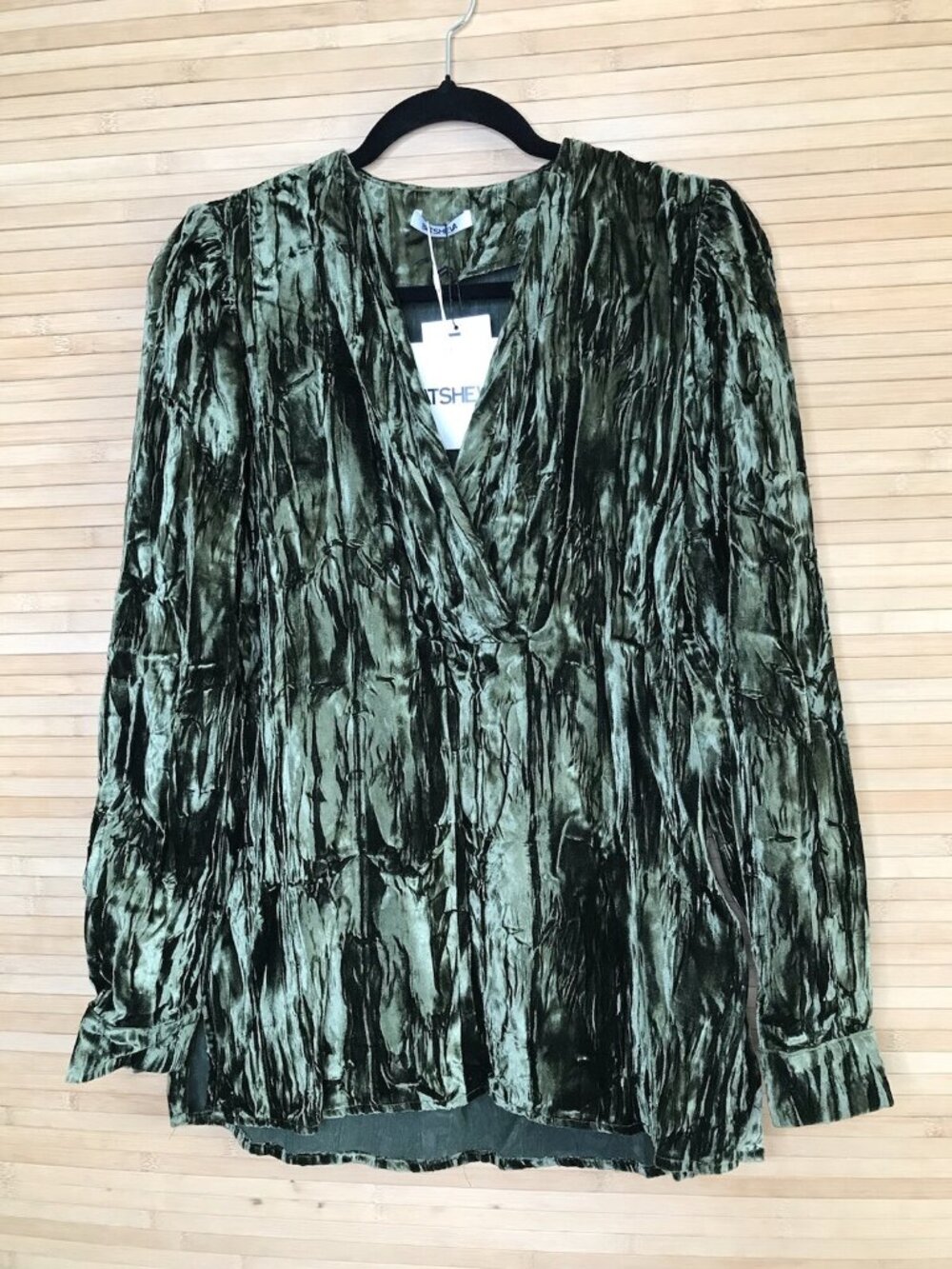 BATSHEVA Dark Green VELVET V neck crushed blouse top sz 4 Stunning!!